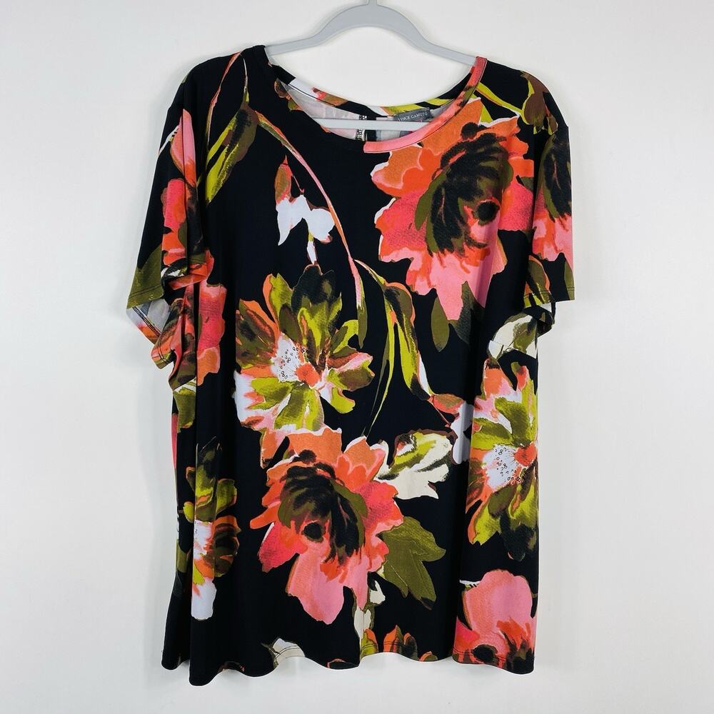 Vince Camuto Top 3X Floral Short Sleeve Stretch